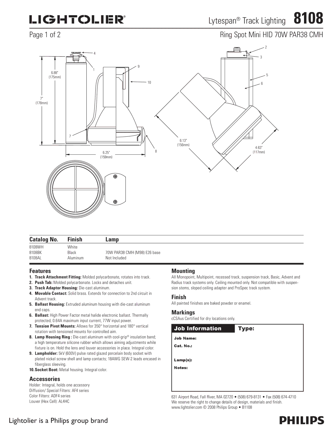 Lightolier 8108 manual Catalog No Finish Lamp, Features, Accessories, Mounting, Markings 