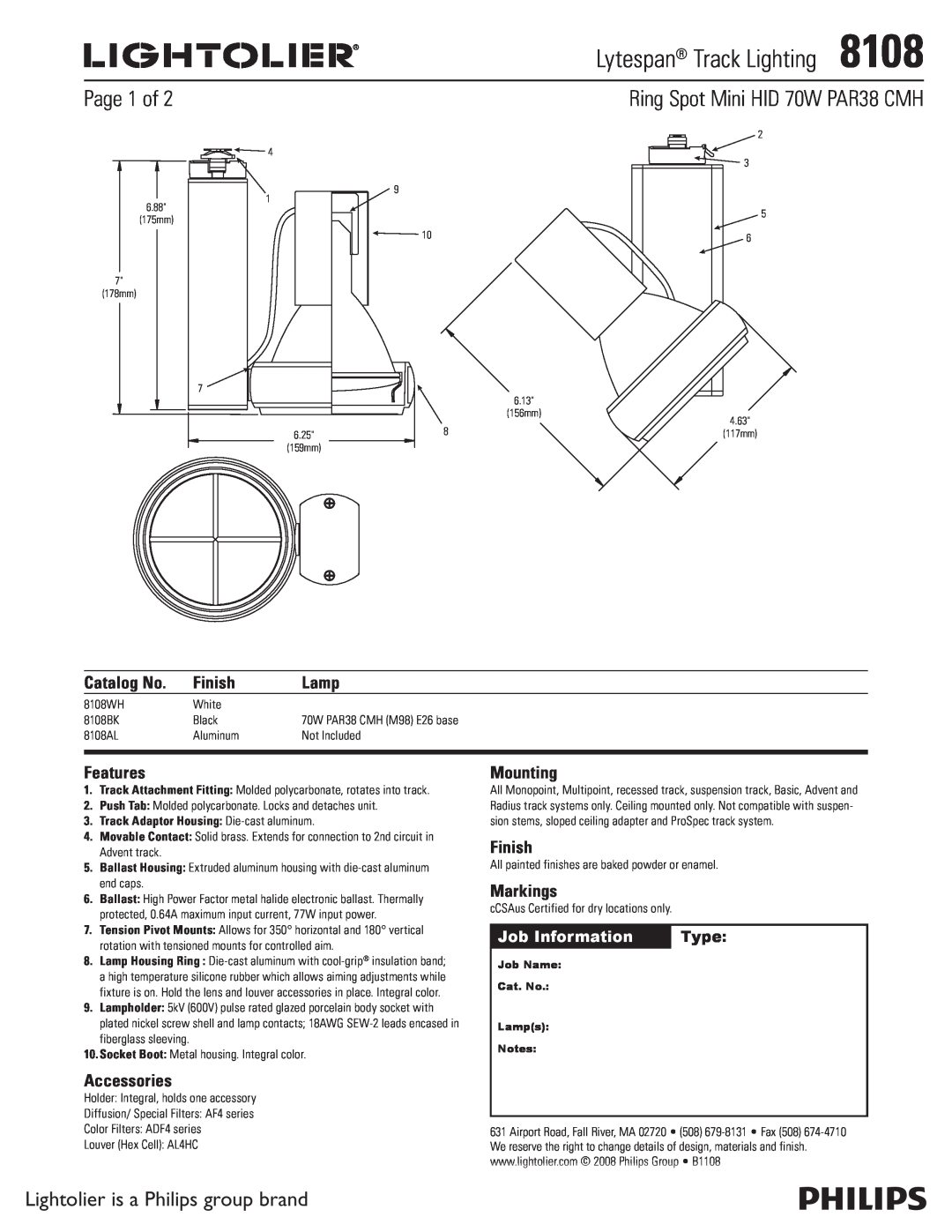 Lightolier manual Lytespan Track Lighting8108, Page 1 of, Ring Spot Mini HID 70W PAR38 CMH, Catalog No, Finish, Lamp 