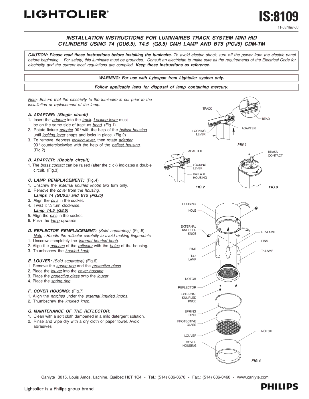 Lightolier installation instructions IS8109, Maintenance of the Reflector 