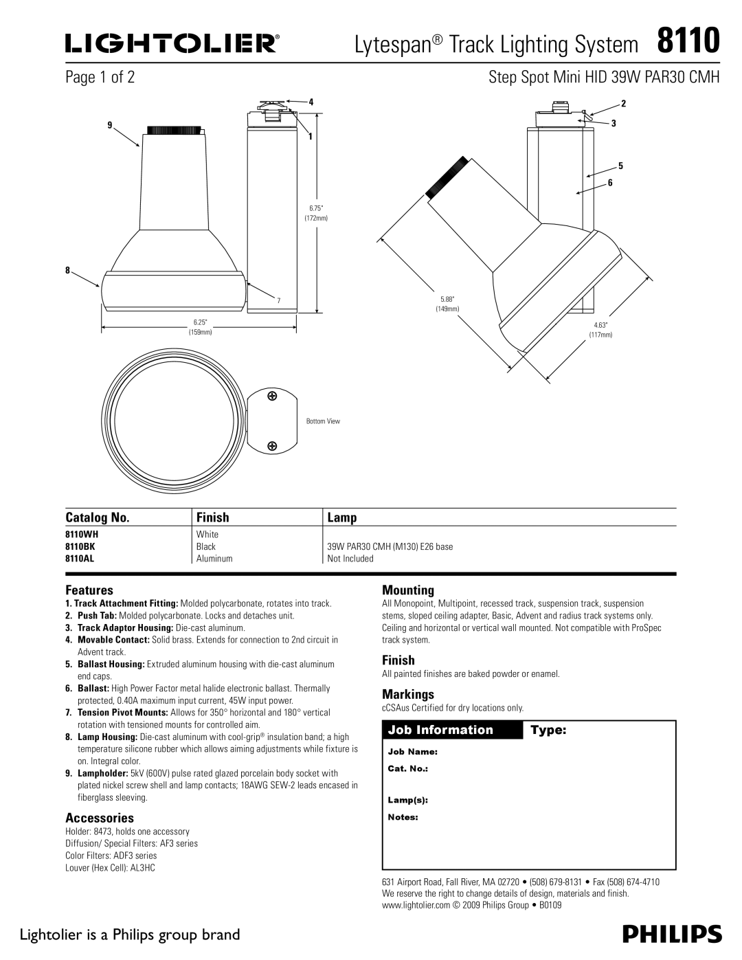 Lightolier 8110 manual Catalog No Finish Lamp, Features, Accessories, Mounting, Markings 