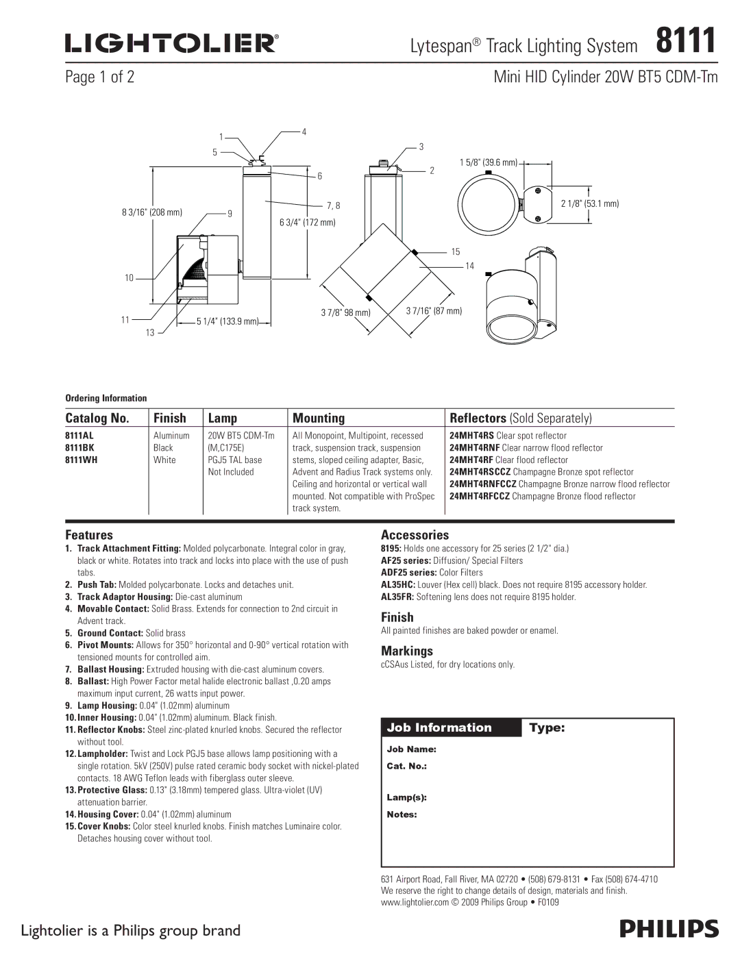 Lightolier 8111 manual Catalog No Finish Lamp Mounting, Features, Accessories, Markings 