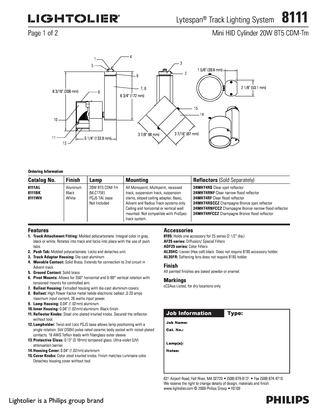Lightolier 8111 manual Page 1 of, Mini HID Cylinder 20W BT5 CDM-Tm, Lightolier is a Philips group brand, Catalog No, Lamp 