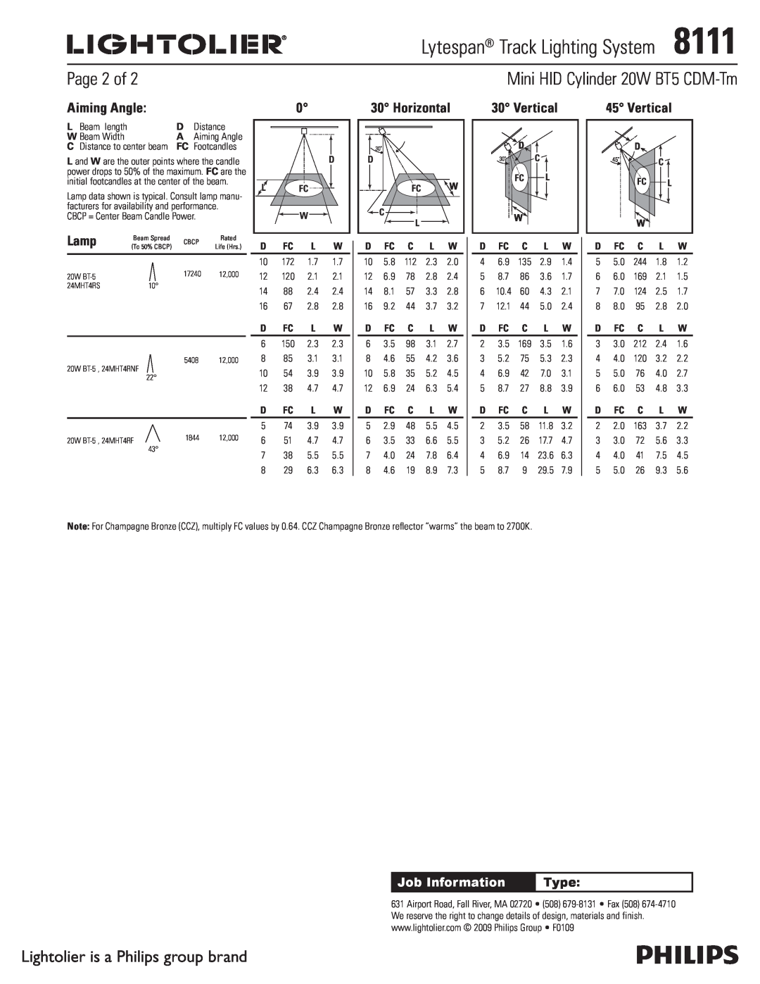 Lightolier 8111 Mini HID Cylinder 20W BT5 CDM-Tm, Page 2 of, Aiming Angle, Horizontal, Vertical, Lamp, Job Information 