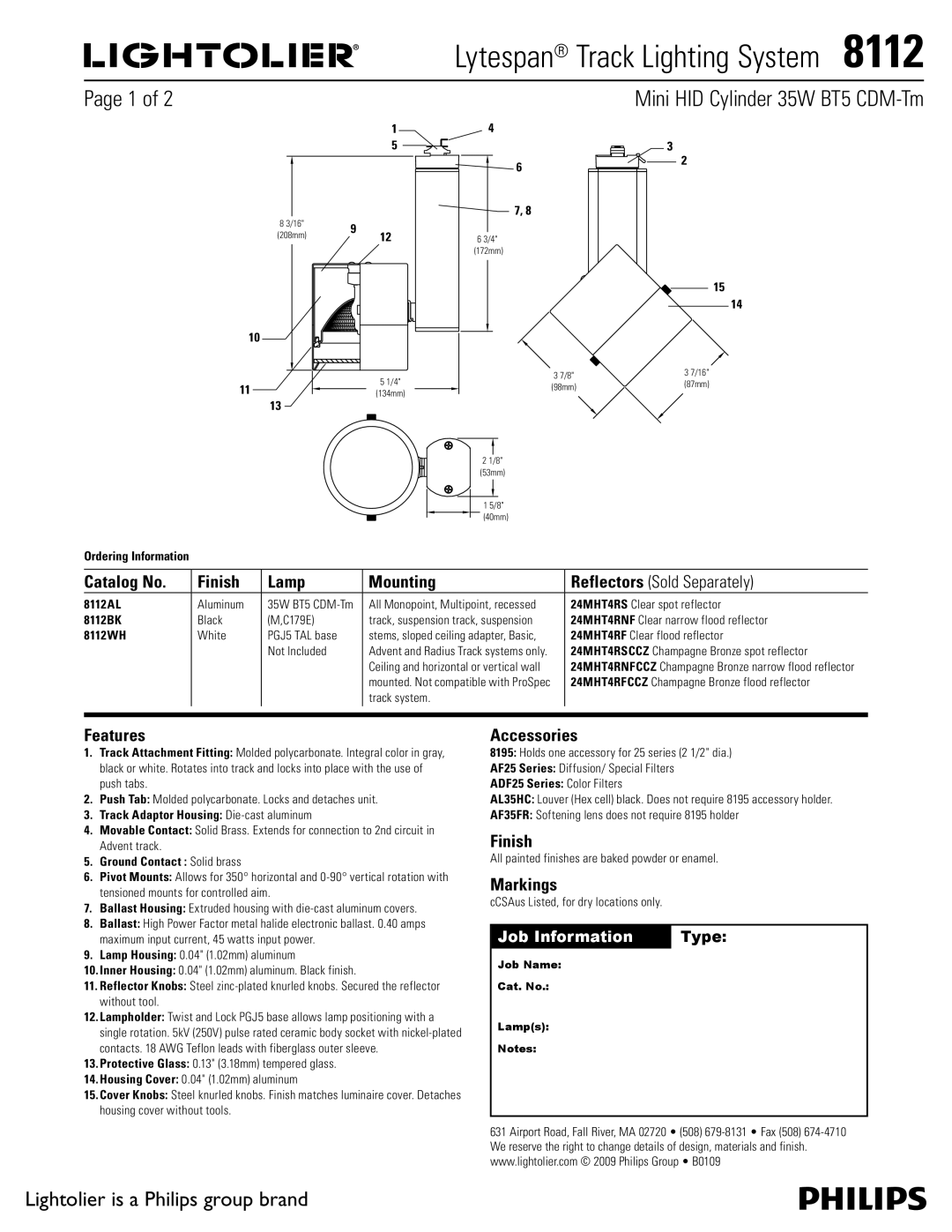 Lightolier 8112 manual Catalog No Finish Lamp Mounting, Features, Accessories, Markings 