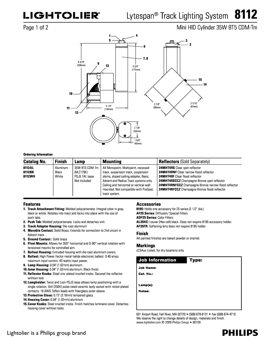 Lightolier 8112 manual Page 1 of, Lightolier is a Philips group brand, Catalog No, Finish, Lamp, Mounting, Features, Type 
