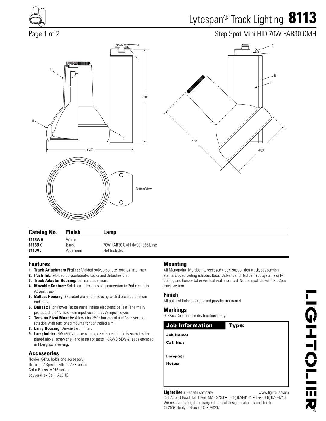 Lightolier 8113 manual Catalog No Finish Lamp, Features, Accessories, Mounting, Markings 