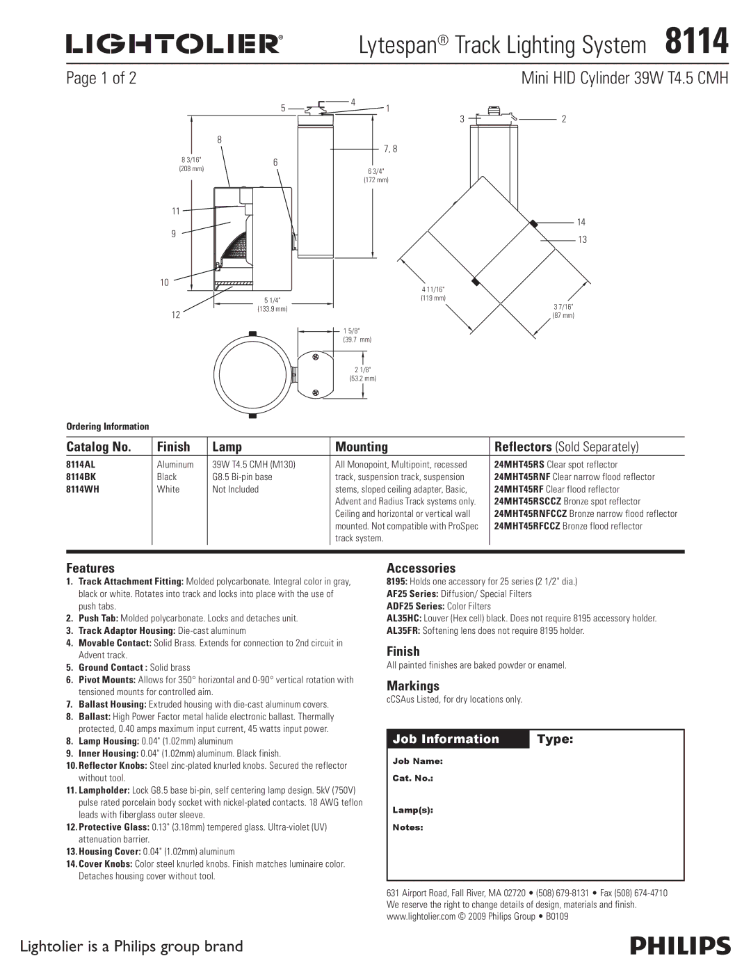 Lightolier 8114 manual Catalog No Finish Lamp Mounting, Features, Accessories, Markings 