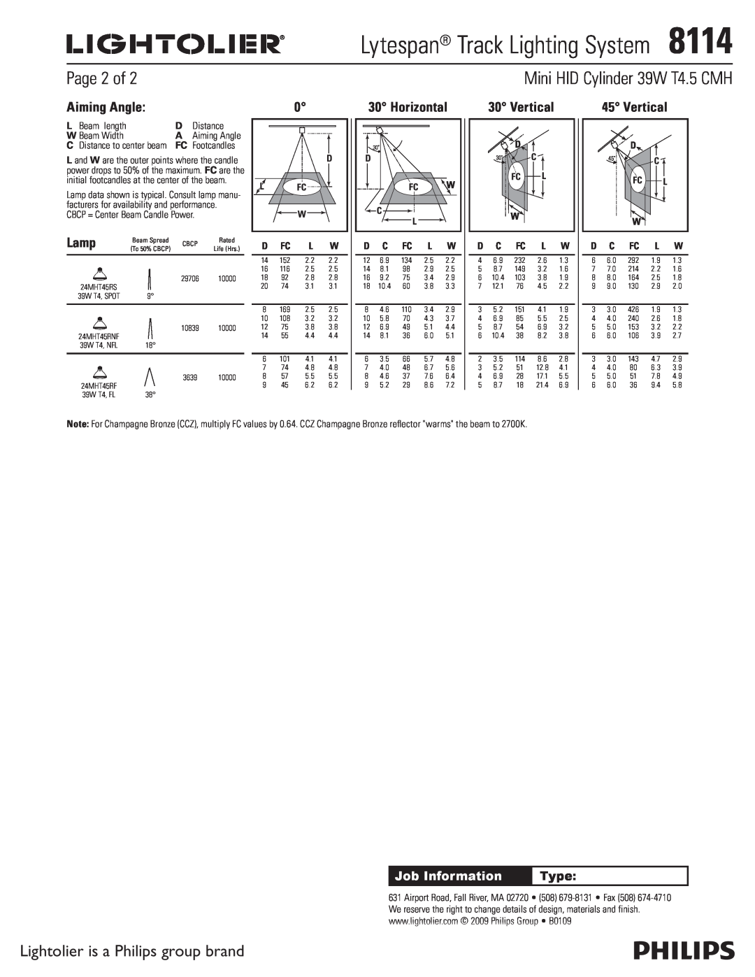 Lightolier Page 2 of, Aiming Angle, Horizontal, Vertical, Lytespan Track Lighting System8114, Lamp, Job Information 