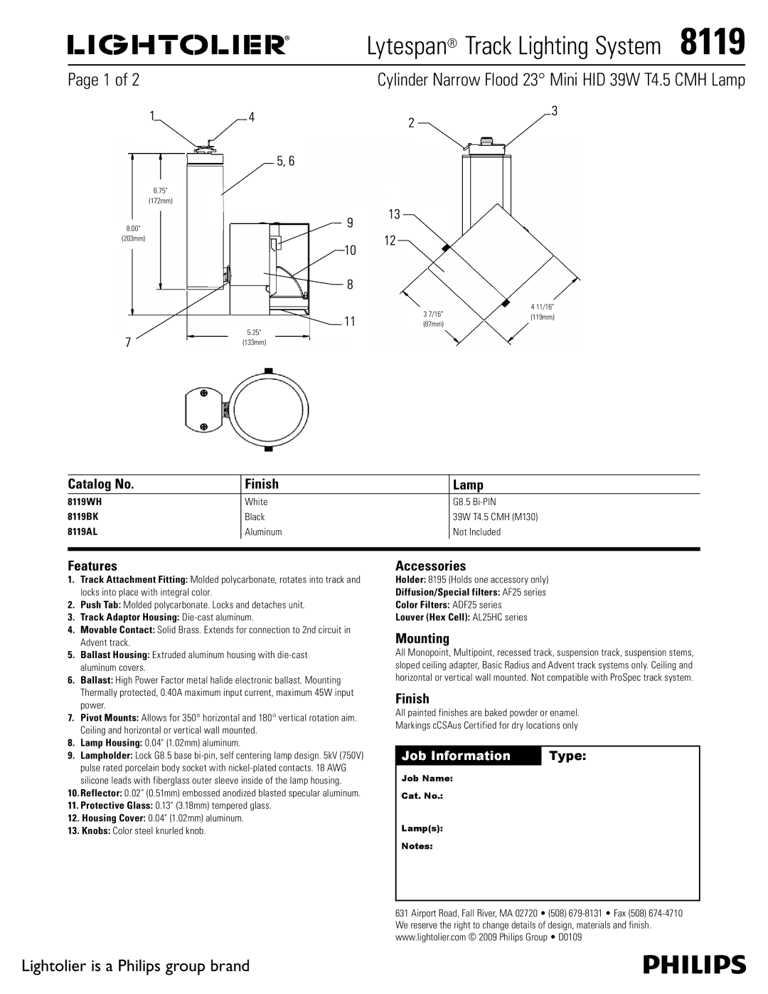 Lightolier 8119 manual Catalog No Finish Lamp, Features, Accessories, Mounting 