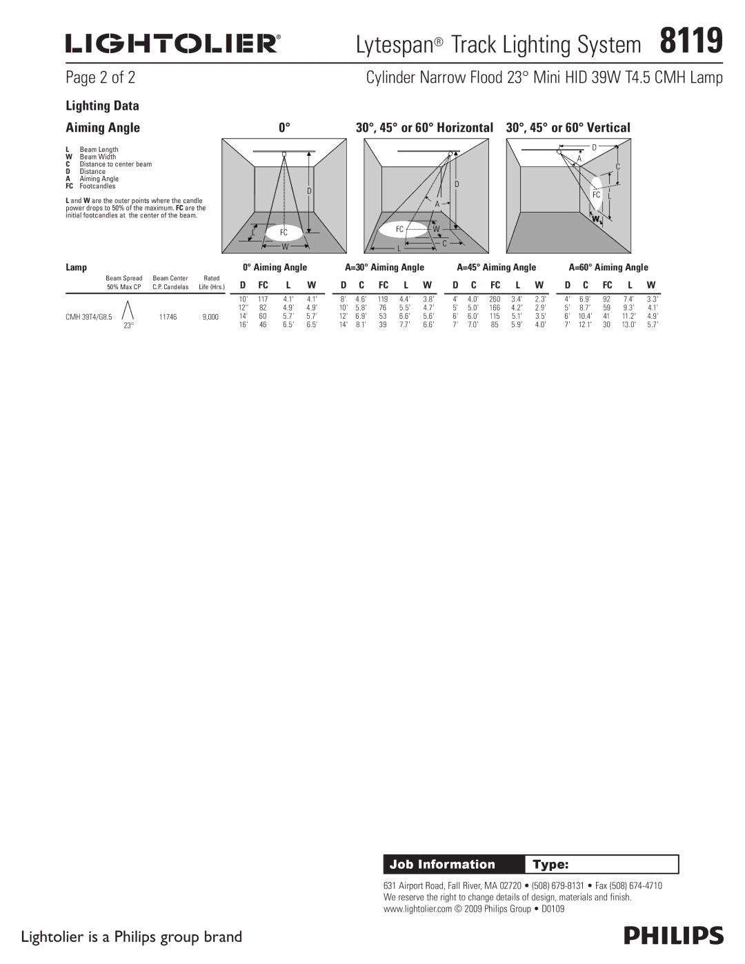 Lightolier 8119 manual Lighting Data Aiming Angle, 30, 45 or 60 Horizontal 30, 45 or 60 Vertical, Lamp Aiming Angle 