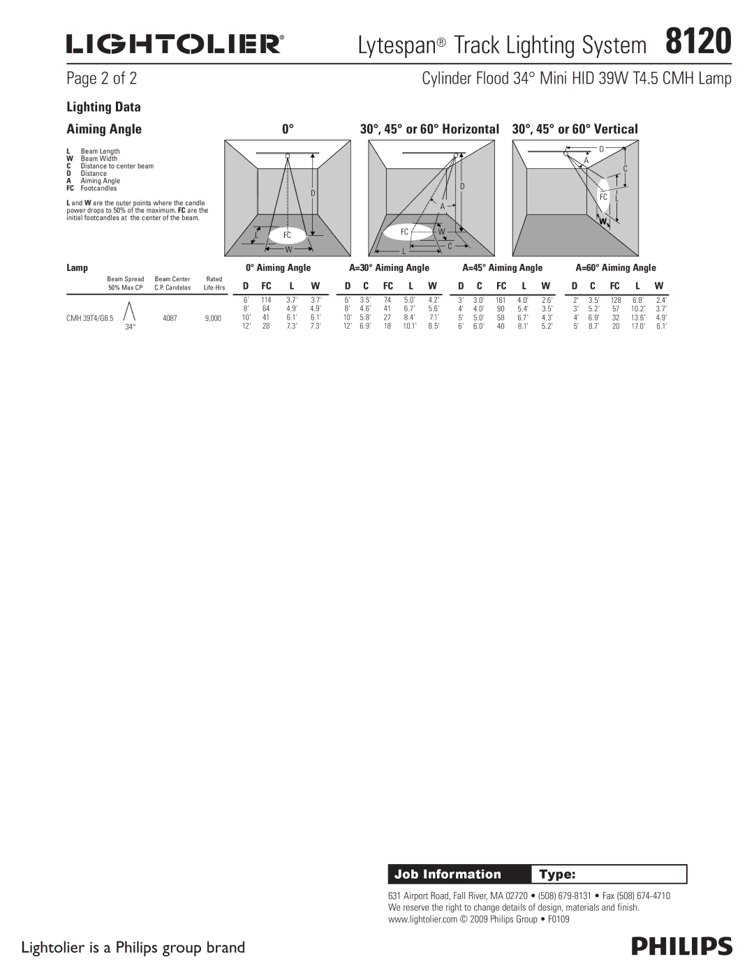 Lightolier 8120 manual Lighting Data Aiming Angle, 30, 45 or 60 Horizontal 30, 45 or 60 Vertical, Lamp Aiming Angle 