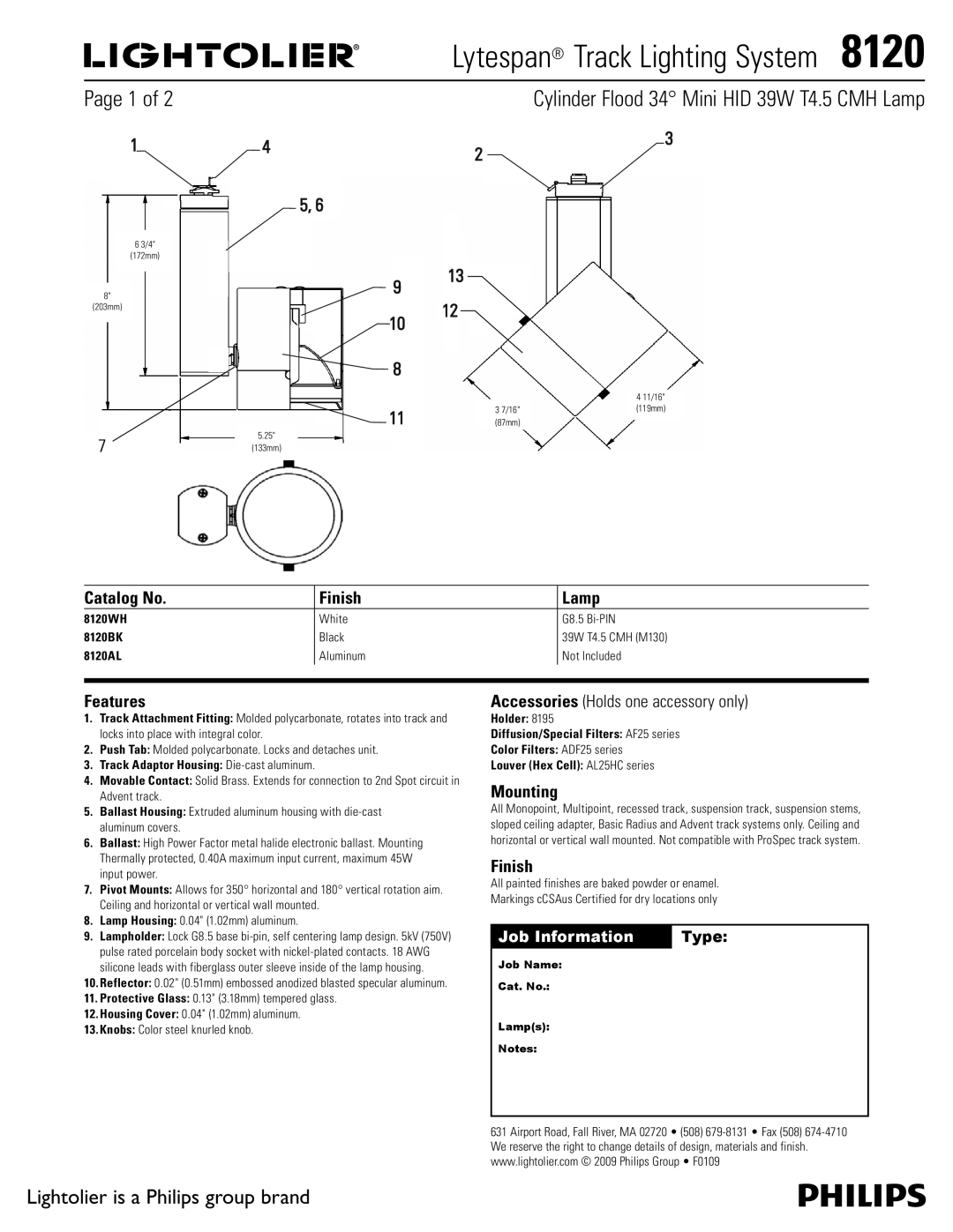 Lightolier 8120 manual Cylinder Flood 34 Mini HID 39W T4.5 CMH Lamp, Page 1 of, Lightolier is a Philips group brand, Type 