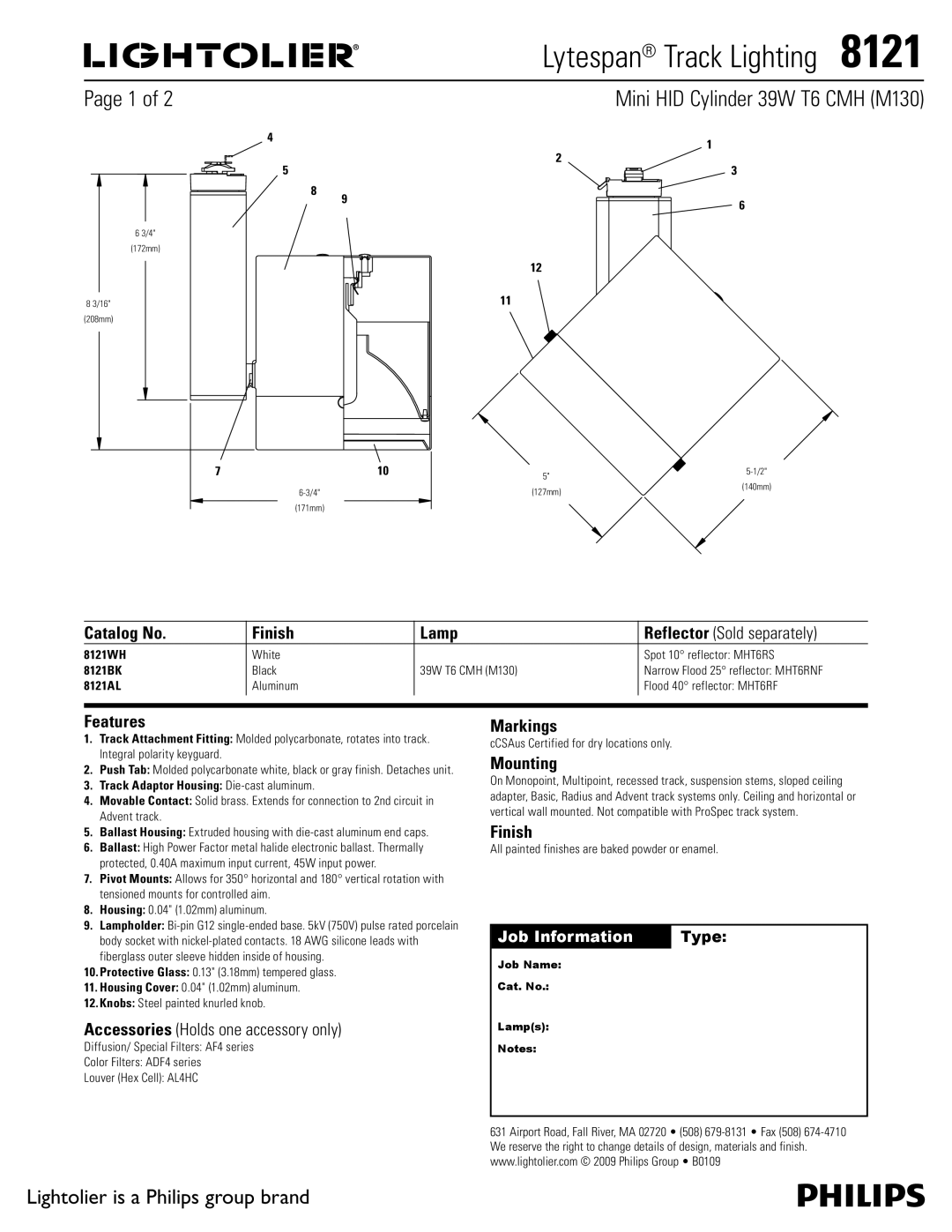 Lightolier 8121 manual Catalog No Finish Lamp, Features, Markings, Mounting 