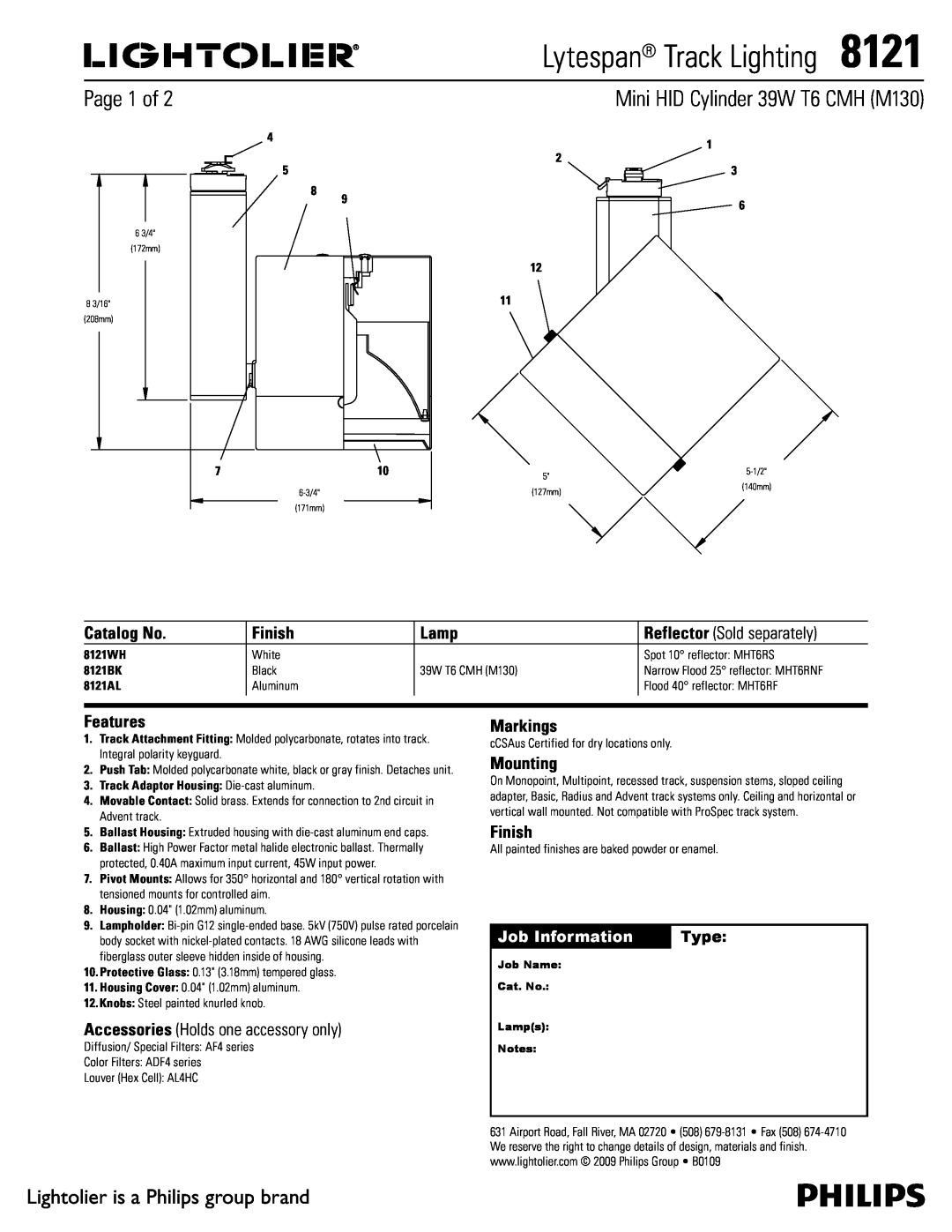 Lightolier 8121 manual Page 1 of, Mini HID Cylinder 39W T6 CMH M130, Lightolier is a Philips group brand, Job Information 