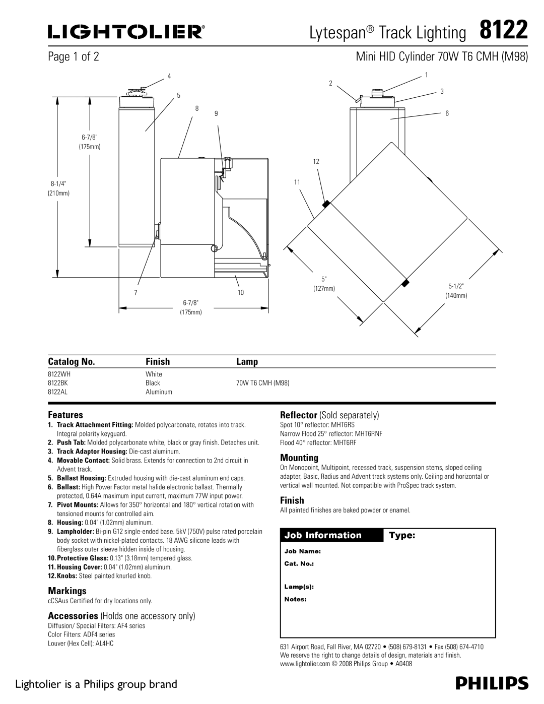 Lightolier 8122 manual Catalog No Finish Lamp, Features, Markings, Mounting, Track Adaptor Housing Die-cast aluminum 