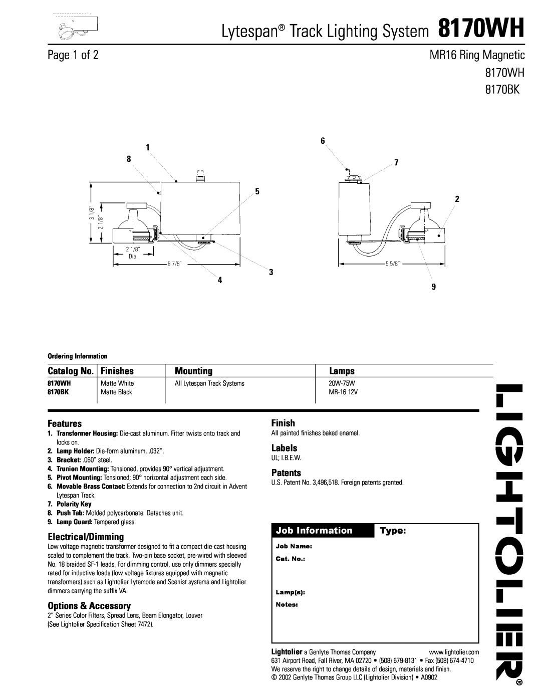 Lightolier 8170WH specifications Page 1 of, Finishes, Mounting, Lamps, Features, Electrical/Dimming, Options & Accessory 