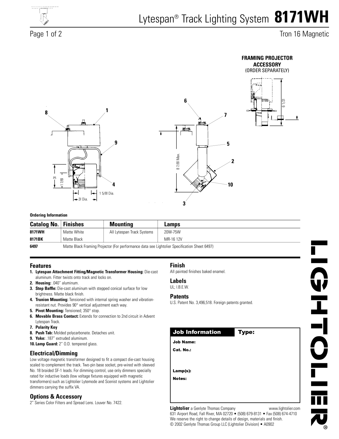 Lightolier 8171WH specifications Finishes Mounting Lamps, Features, Electrical/Dimming, Options & Accessory, Labels 