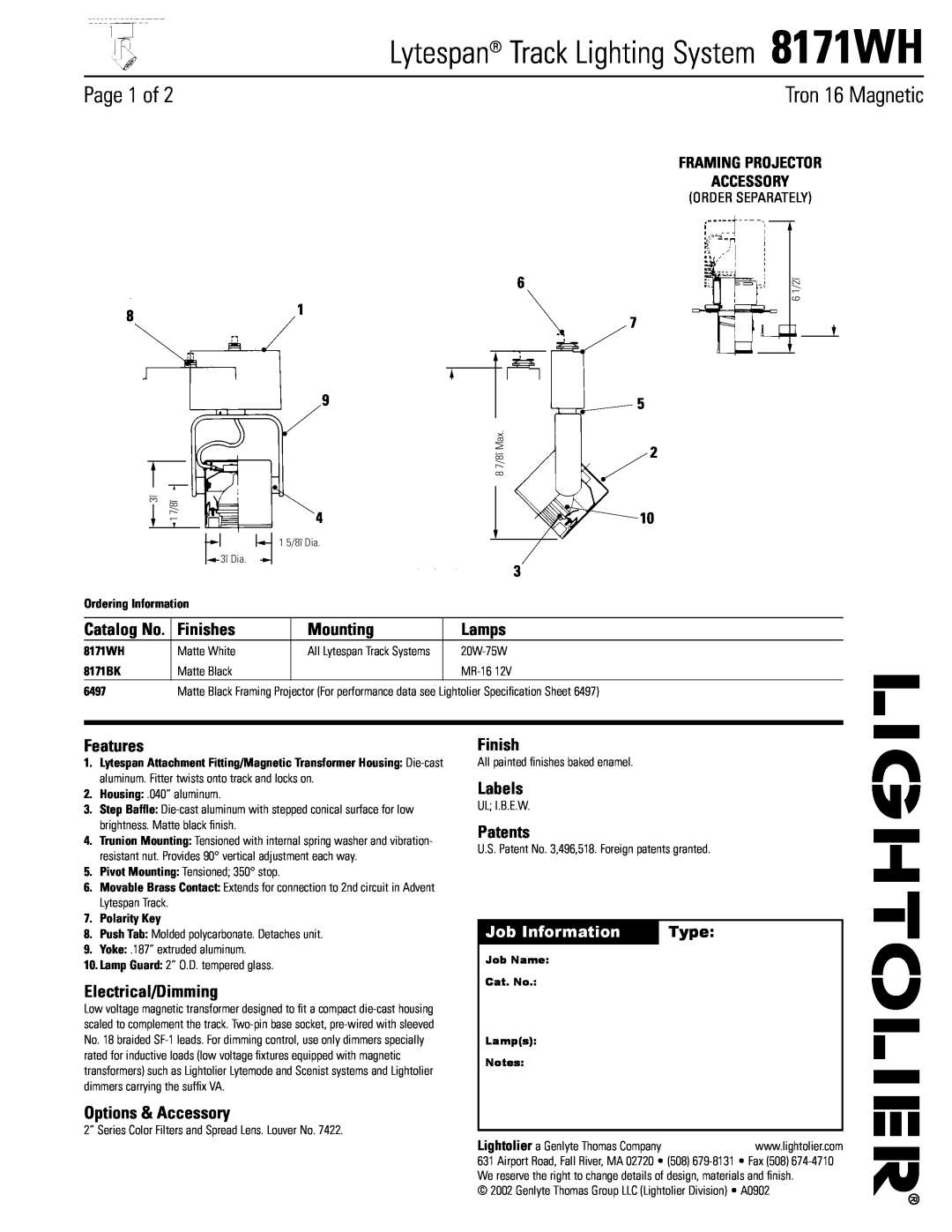 Lightolier specifications Lytespan Track Lighting System 8171WH, Page 1 of, Tron 16 Magnetic, Finishes, Mounting, Lamps 