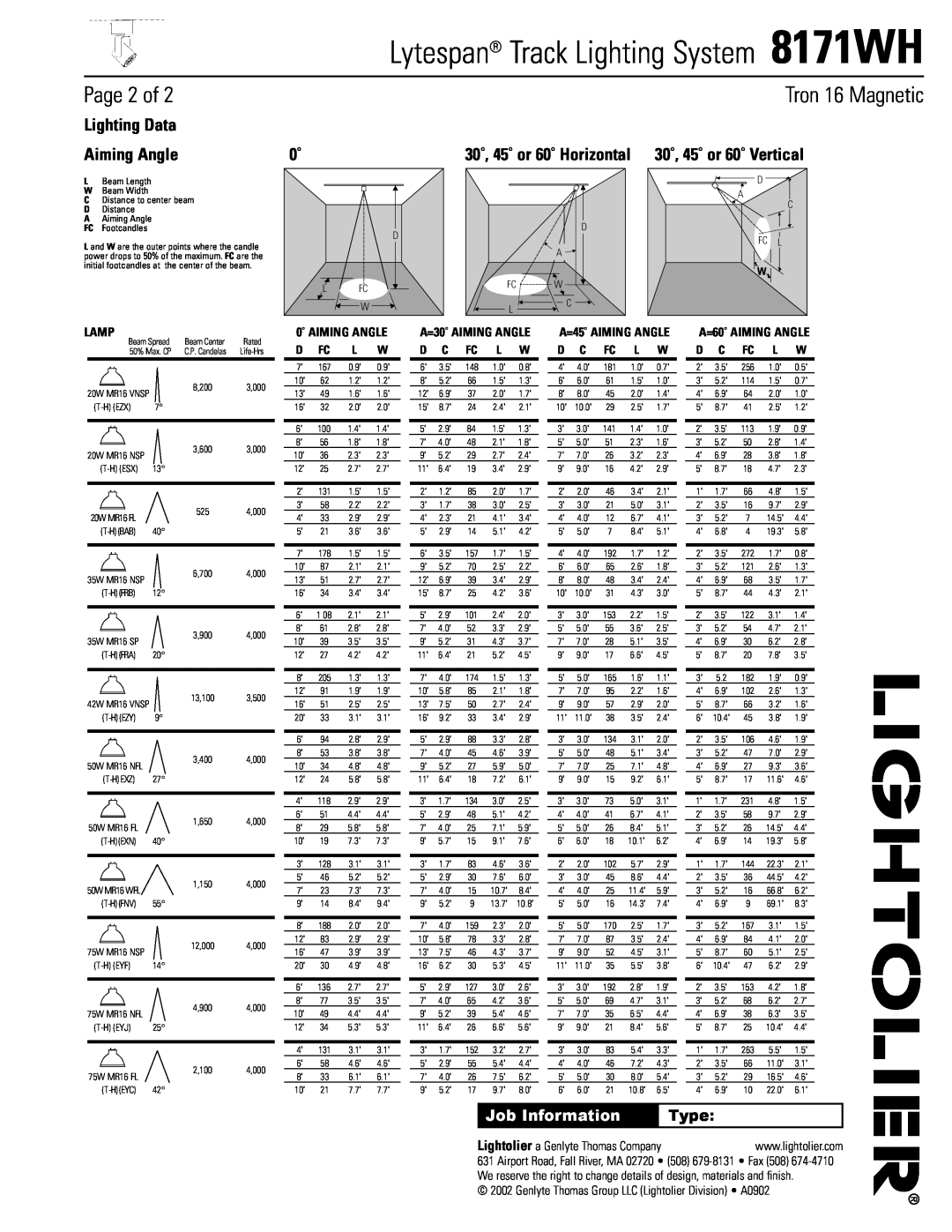 Lightolier 8171WH Page 2 of, Lighting Data, Aiming Angle, 30˚, 45˚ or 60˚ Horizontal, Job Information, Type, Lamp 