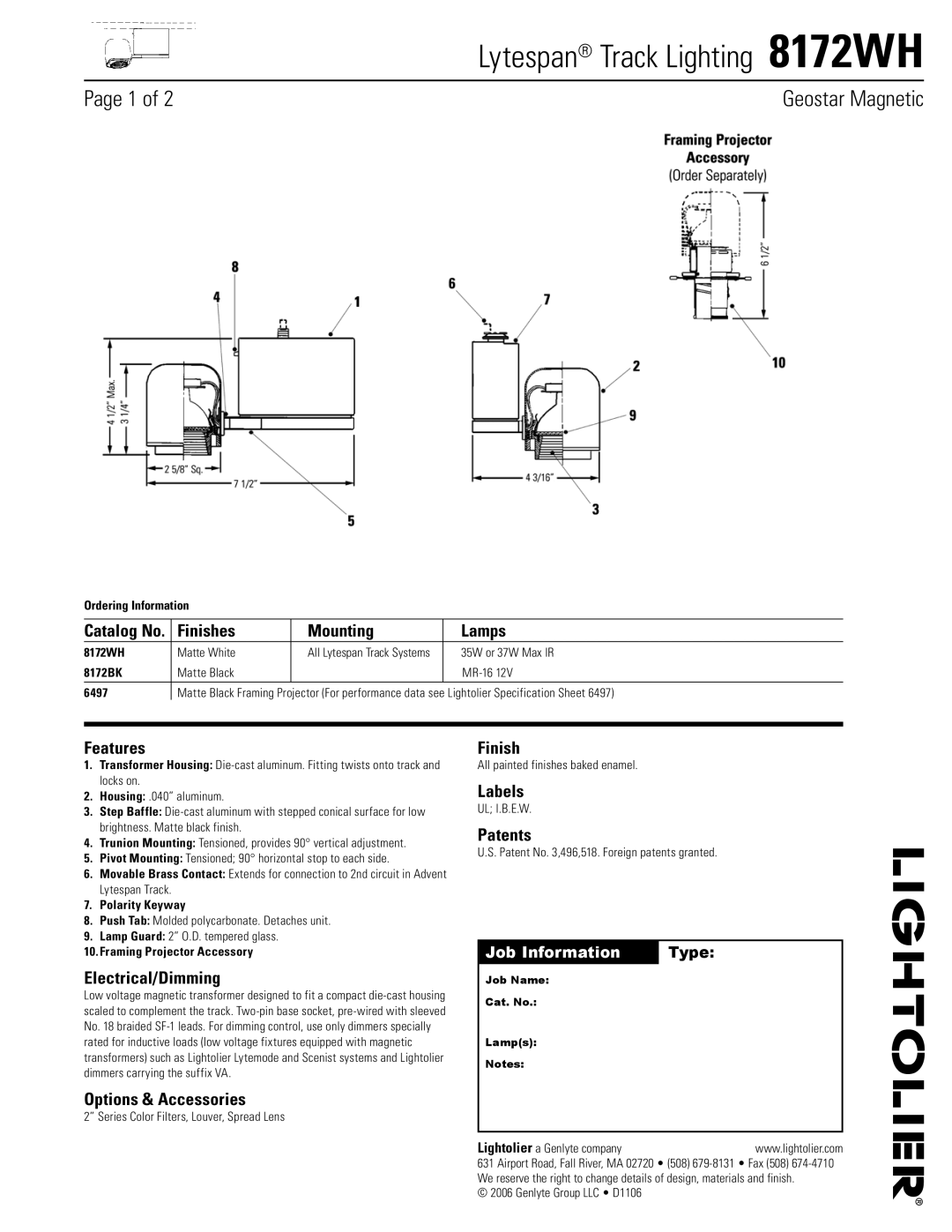 Lightolier 8172WH specifications Finishes Mounting Lamps, Features, Electrical/Dimming, Options & Accessories, Labels 