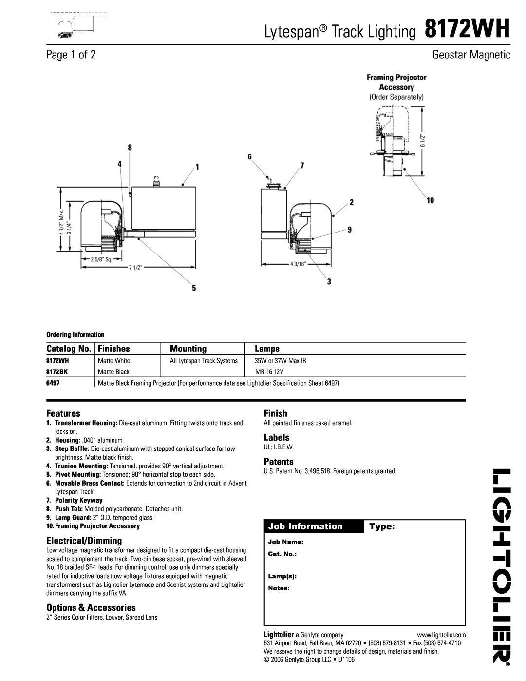 Lightolier 8172WH specifications Page of, Geostar Magnetic, Finishes, Mounting, Lamps, Features, Electrical/Dimming, Type 
