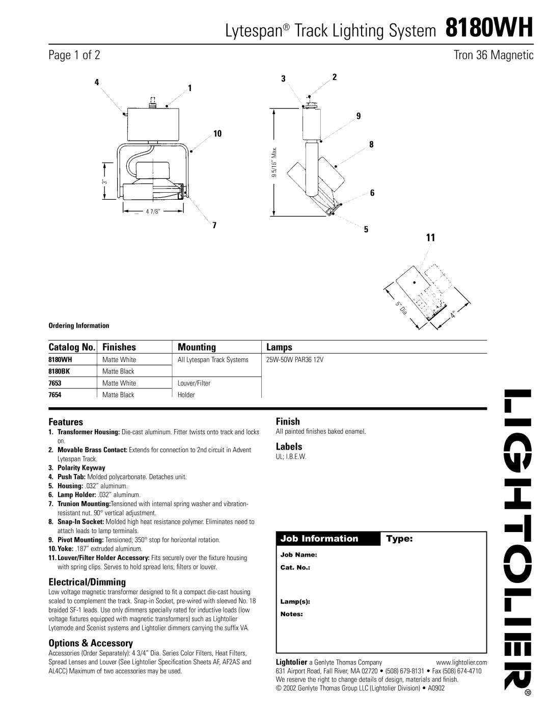 Lightolier 8180WH specifications Finishes Mounting Lamps, Features, Electrical/Dimming, Options & Accessory, Labels 