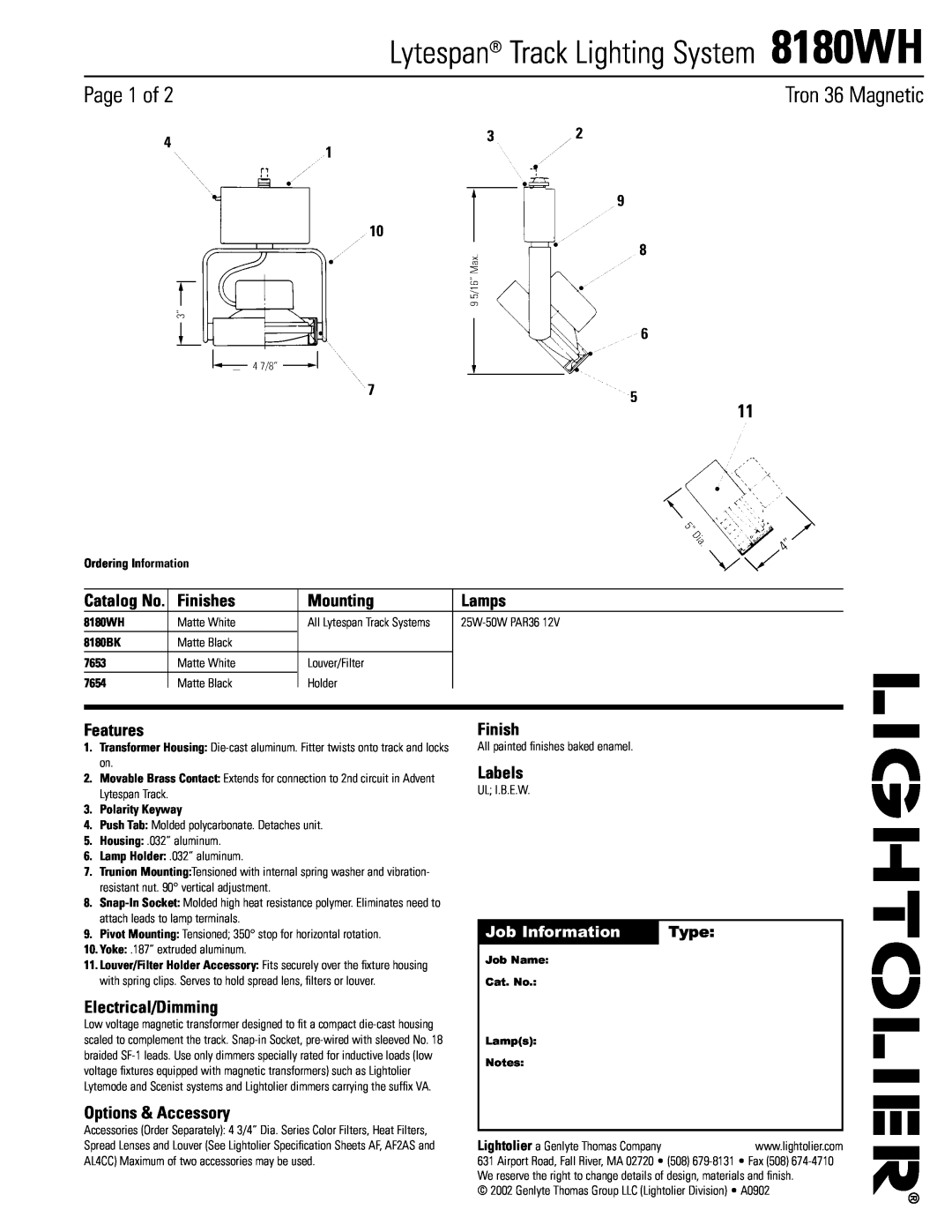 Lightolier specifications Lytespan Track Lighting System 8180WH, Page 1 of, Tron 36 Magnetic, Finishes, Mounting, Lamps 