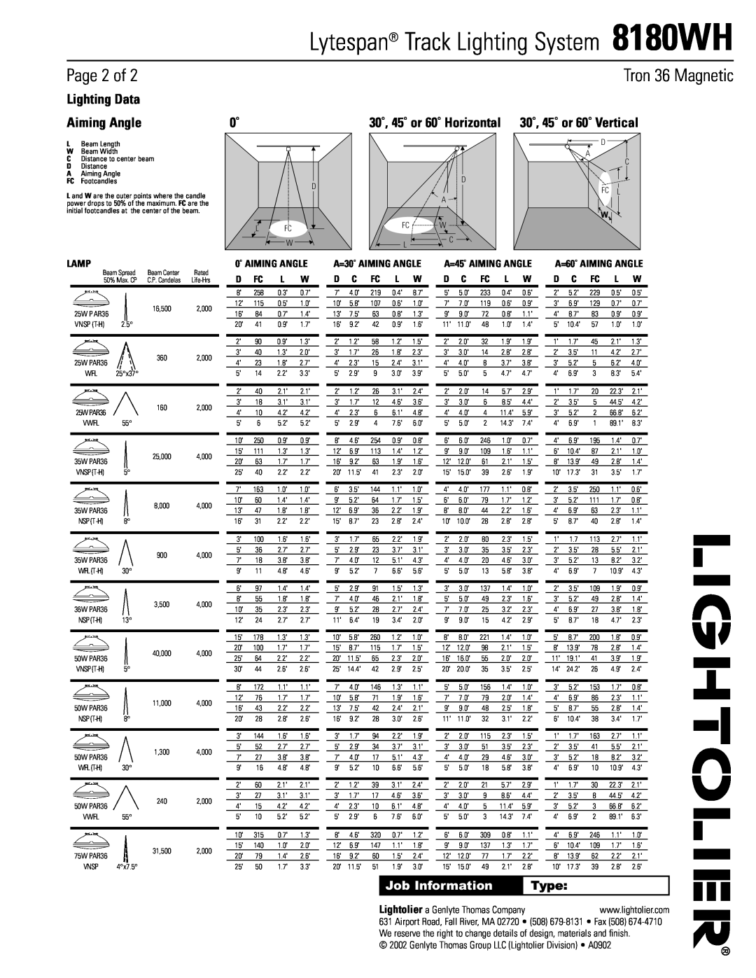 Lightolier 8180WH Page 2 of, Lighting Data, Aiming Angle, 30˚, 45˚ or 60˚ Vertical, Lamp, A=60˚ AIMING ANGLE, Type 