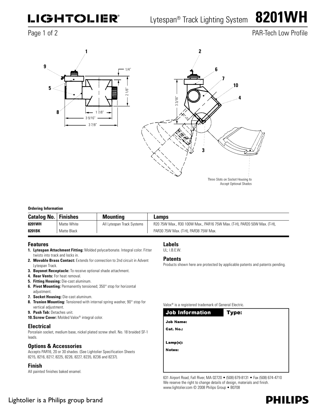 Lightolier 8201WH specifications Finishes Mounting Lamps, Features, Electrical, Options & Accessories, Labels, Patents 