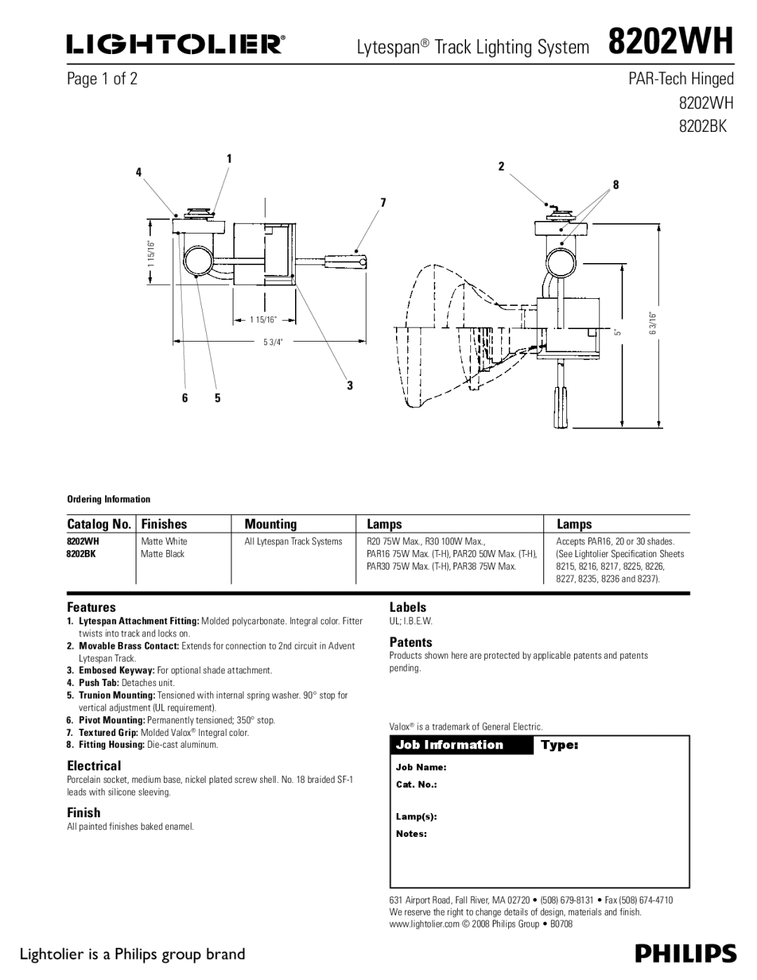 Lightolier 8202WH manual Finishes Mounting Lamps, Features, Electrical, Labels, Patents 