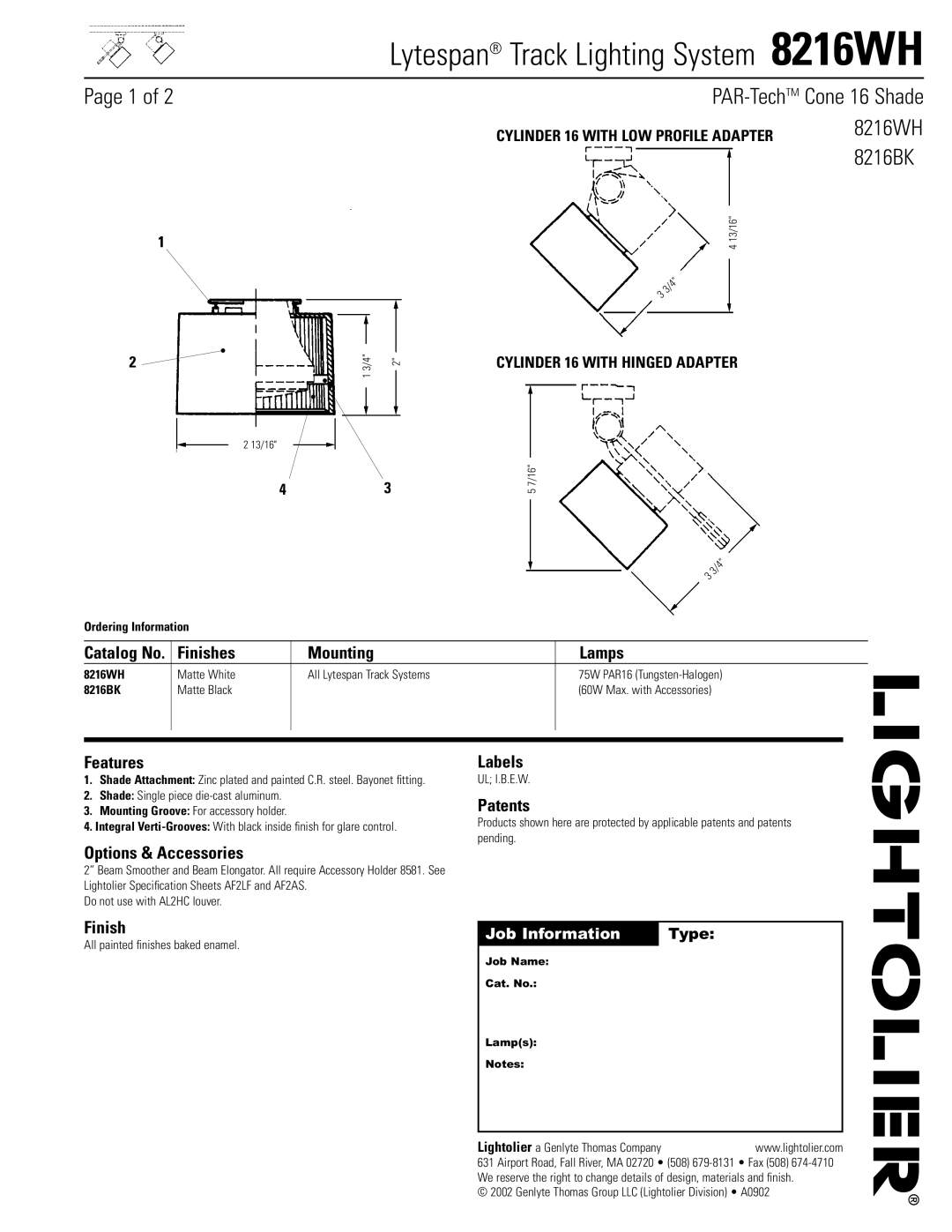 Lightolier 8216WH specifications Finishes Mounting, Features, Options & Accessories, Lamps, Labels, Patents 