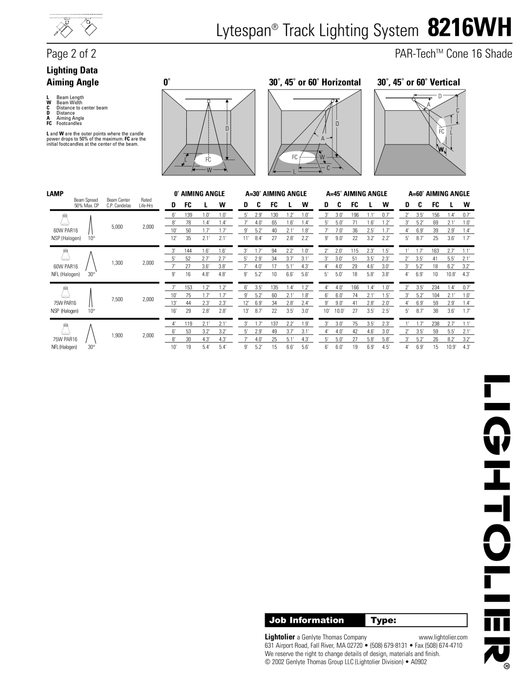 Lightolier 8216WH specifications Lighting Data Aiming Angle, 30˚, 45˚ or 60˚ Horizontal, Type 