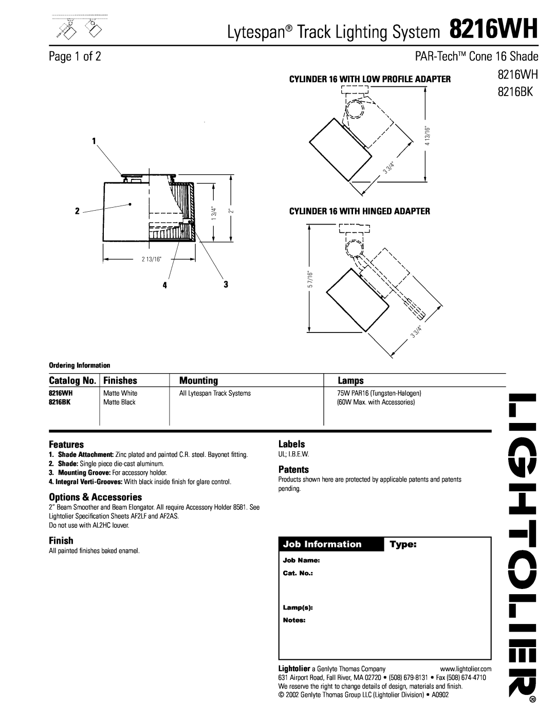 Lightolier specifications Lytespan Track Lighting System 8216WH, Page 1 of, PAR-TechTM Cone 16 Shade, Finishes, Lamps 