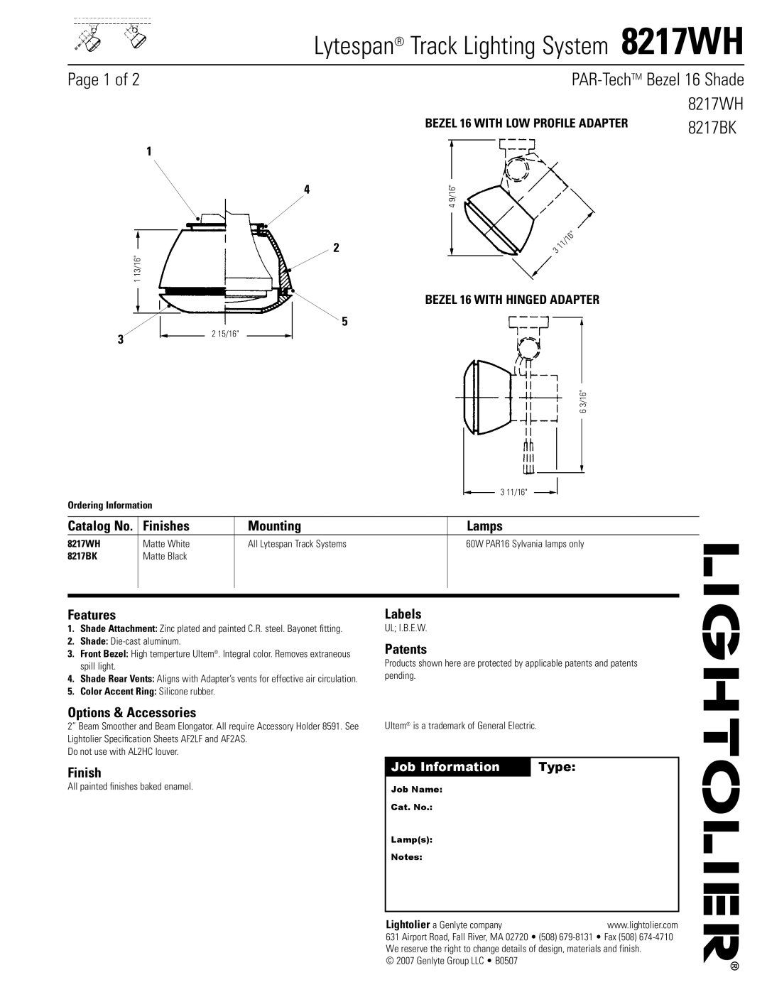 Lightolier 8217WH specifications Finishes Mounting, Features, Labels, Patents, Options & Accessories 