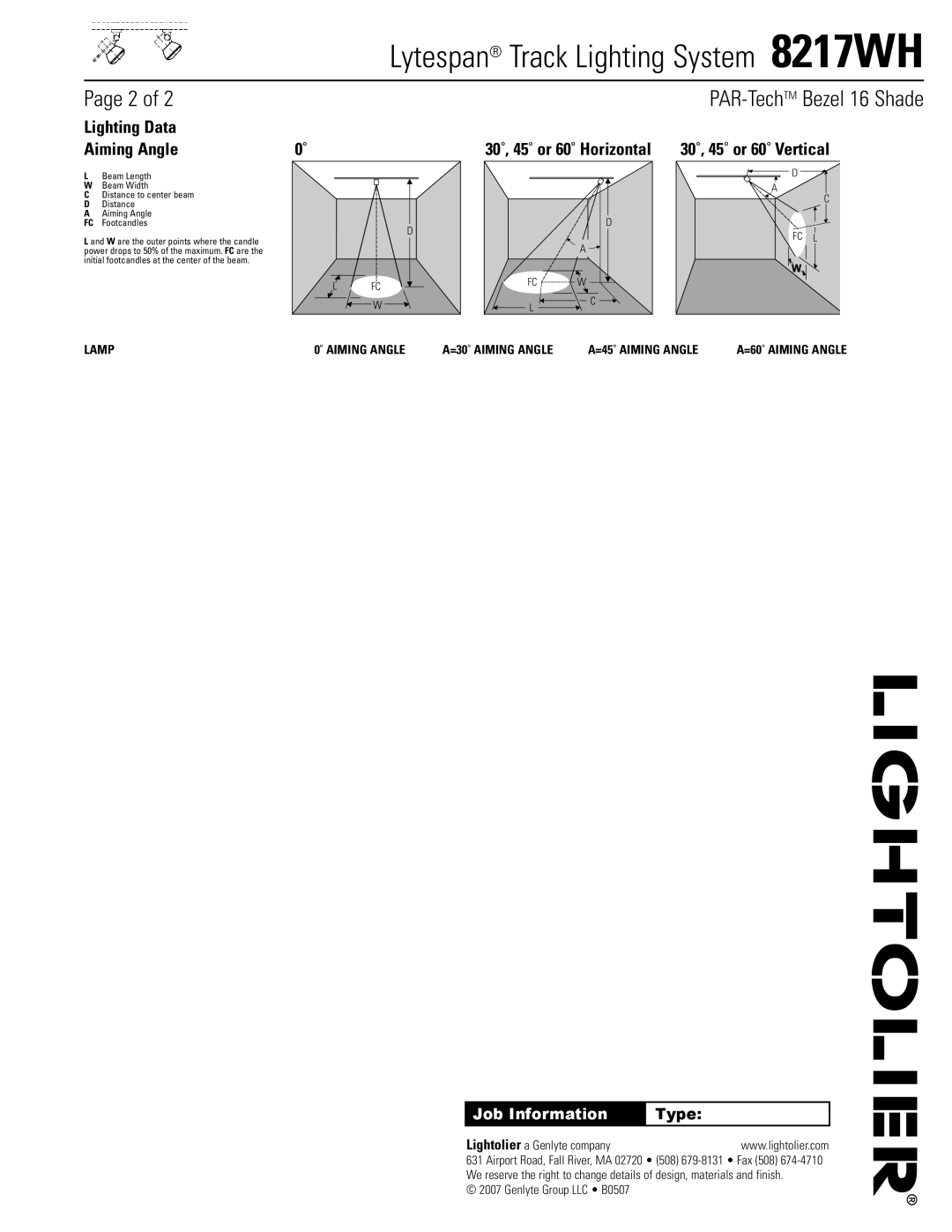 Lightolier 8217WH specifications Lighting Data Aiming Angle, 30˚, 45˚ or 60˚ Horizontal, Type 