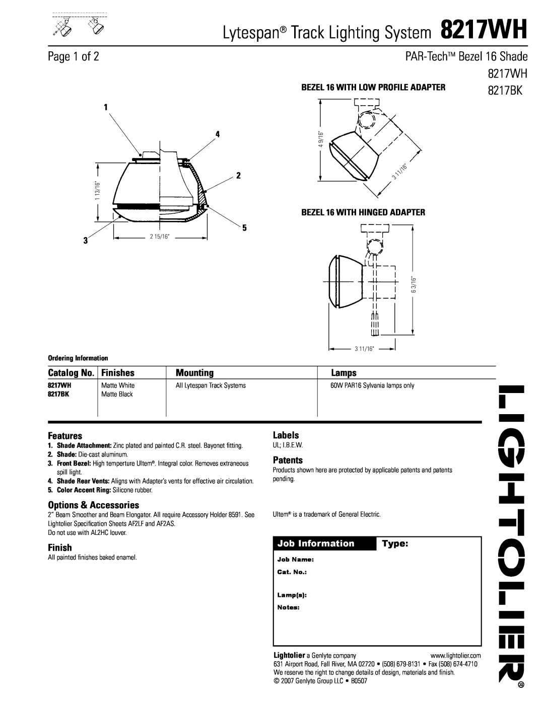 Lightolier 8217WH specifications Page 1 of, Finishes, Mounting, Features, Labels, Patents, Options & Accessories, Type 