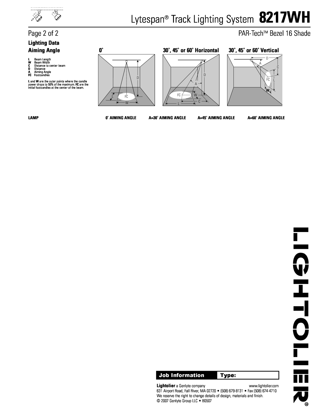Lightolier 8217WH Page 2 of, PAR-TechTM Bezel 16 Shade, Lighting Data, Aiming Angle, 30˚, 45˚ or 60˚ Horizontal, Type 