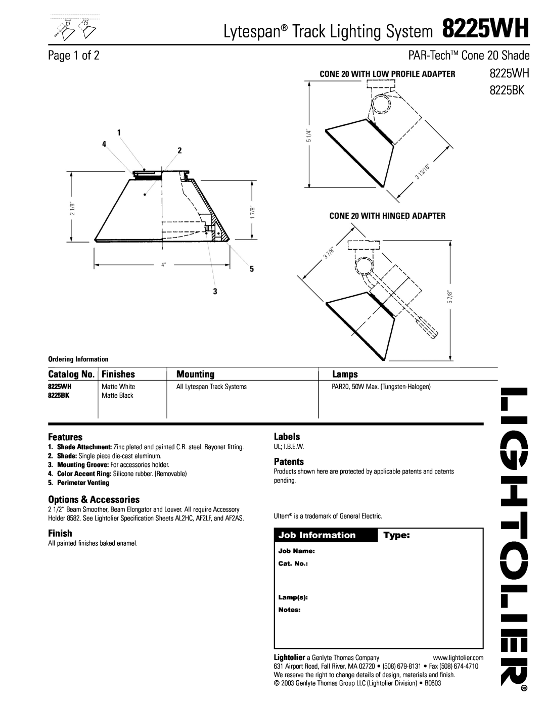 Lightolier 8225WH specifications Page 1 of, PAR-TechTM Cone 20 Shade, Finishes, Mounting, Lamps, Features, Labels, Patents 