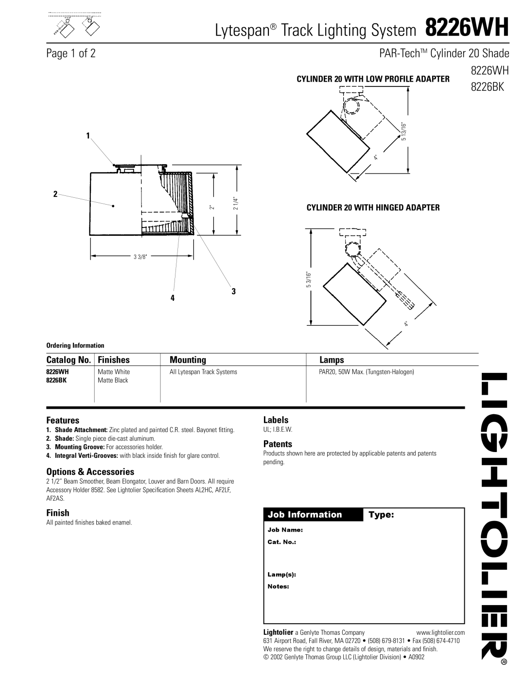 Lightolier 8226WH specifications 8226BK 