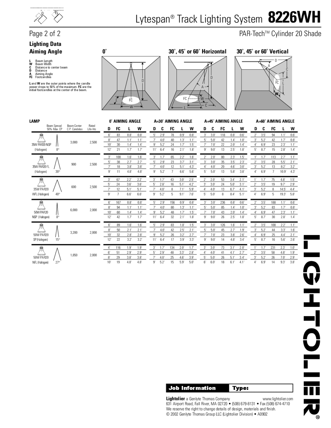 Lightolier 8226WH specifications PAR-TechTMCylinder 20 Shade, Lighting Data Aiming Angle, 30˚, 45˚ or 60˚ Horizontal, Type 