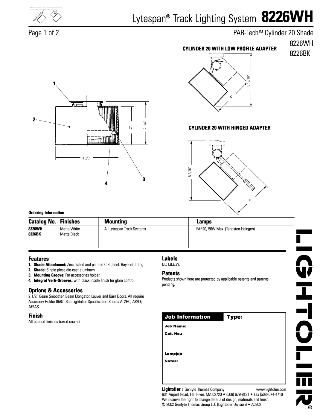 Lightolier specifications Lytespan Track Lighting System 8226WH, Page 1 of, 8226BK, Finishes, Mounting, Features, Lamps 