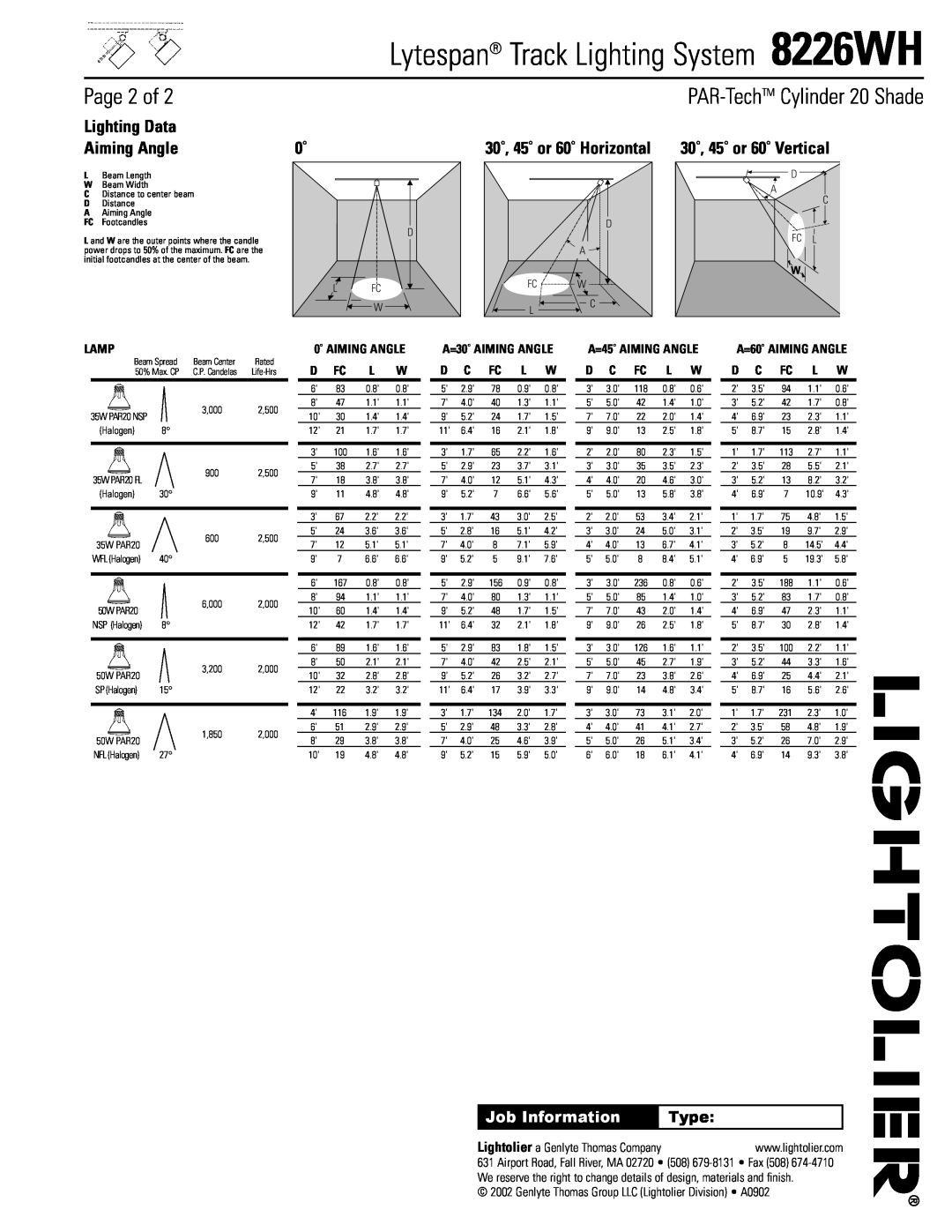 Lightolier 8226WH Page 2 of, PAR-TechTM Cylinder 20 Shade, Lighting Data, Aiming Angle, 30˚, 45˚ or 60˚ Horizontal, Type 