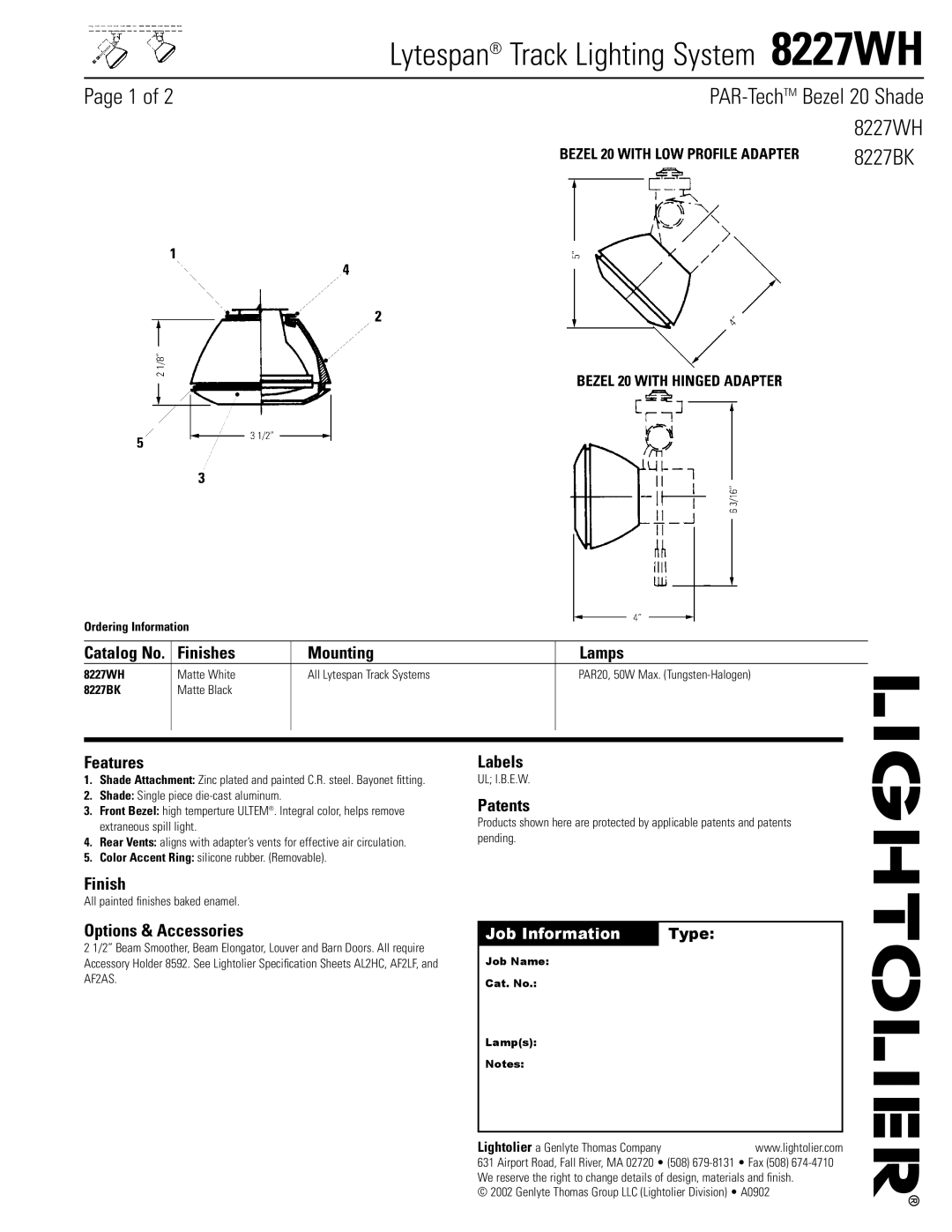 Lightolier 8227WH specifications Finishes Mounting Lamps, Features, Options & Accessories, Labels, Patents 