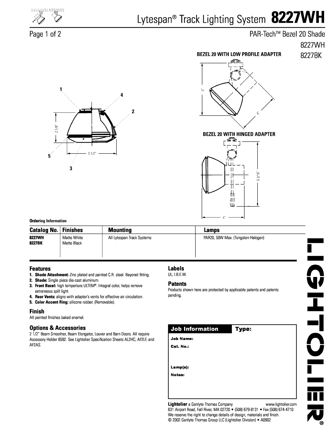 Lightolier 8227WH specifications Page 1 of, PAR-TechTM Bezel 20 Shade, Finishes, Mounting, Lamps, Features, Labels, Type 