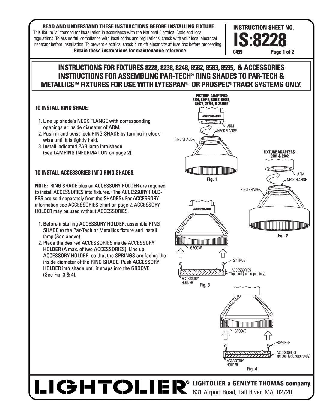 Lightolier 8228 instruction sheet Is, Instruction Sheet No, To Install Ring Shade, To Install Accessories Into Ring Shades 