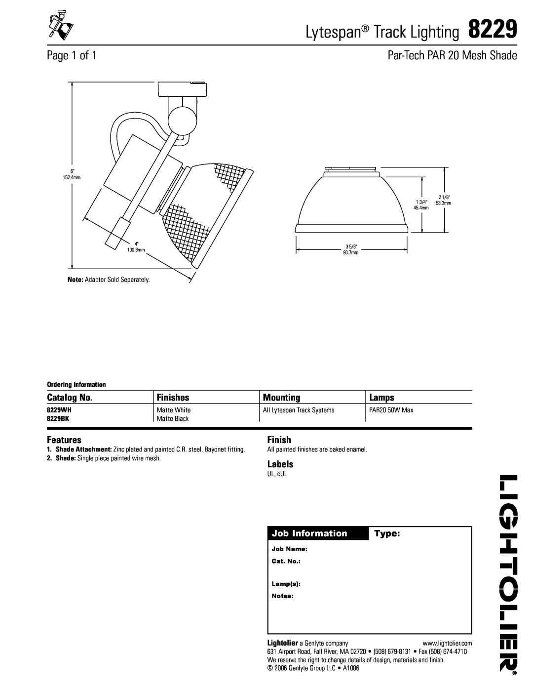 Lightolier 8229 manual Lytespan Track Lighting, Page of, Par-TechPAR 20 Mesh Shade, Catalog No, Finishes, Mounting, Lamps 