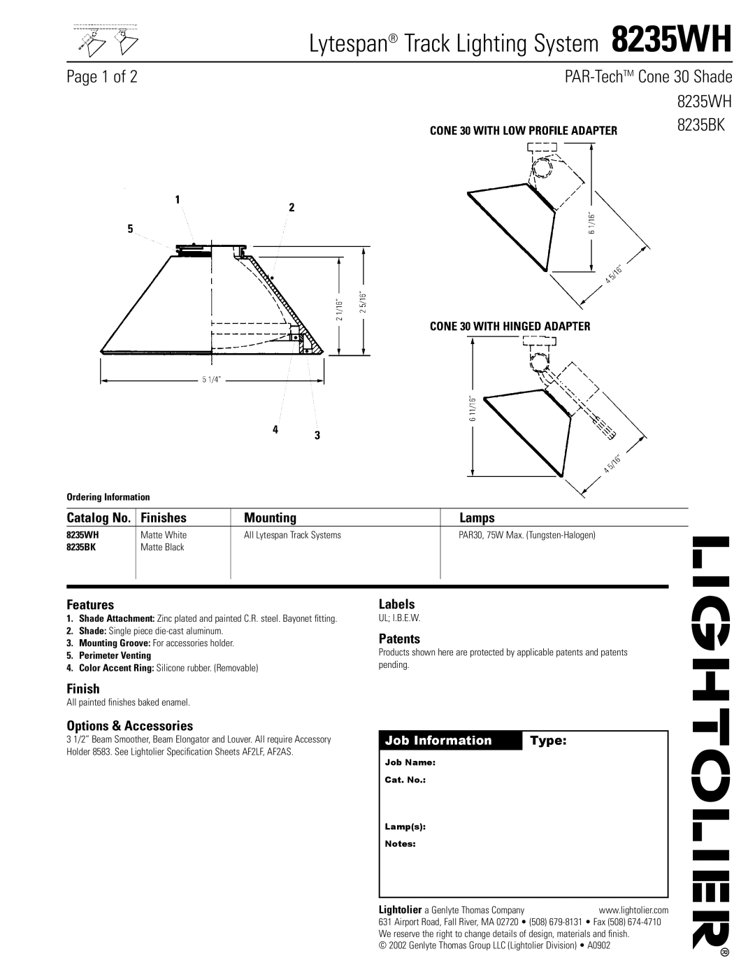 Lightolier 8235WH specifications Finishes Mounting Lamps, Features, Labels, Patents, Options & Accessories 