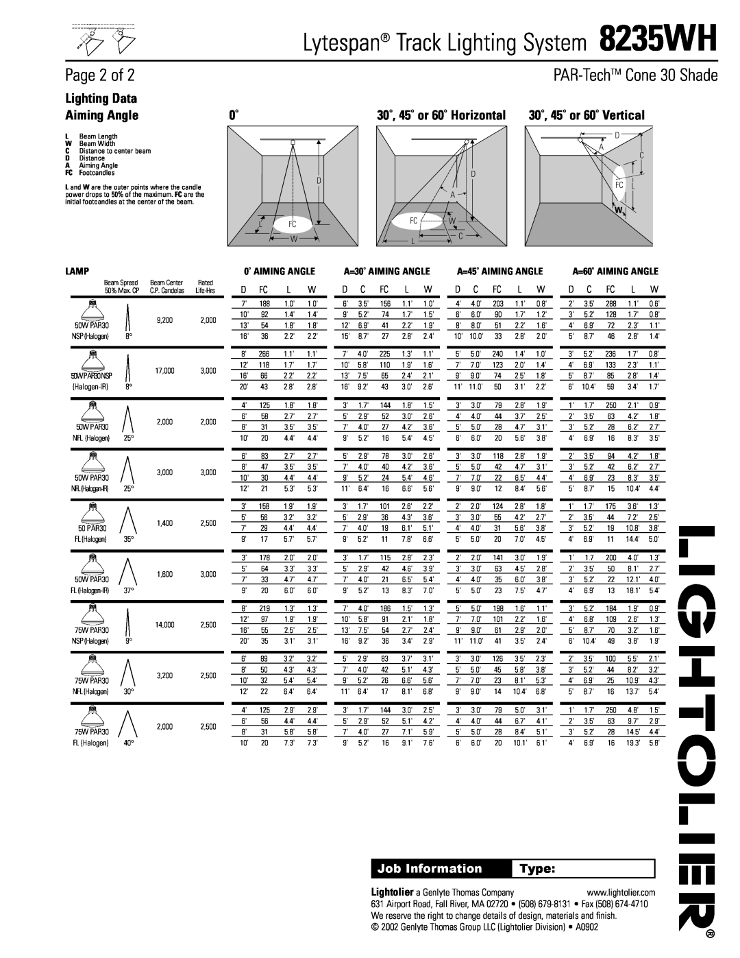 Lightolier 8235WH Page 2 of, Lighting Data, Aiming Angle, 30˚, 45˚ or 60˚ Horizontal, Type, Lamp, 0˚ AIMING ANGLE 