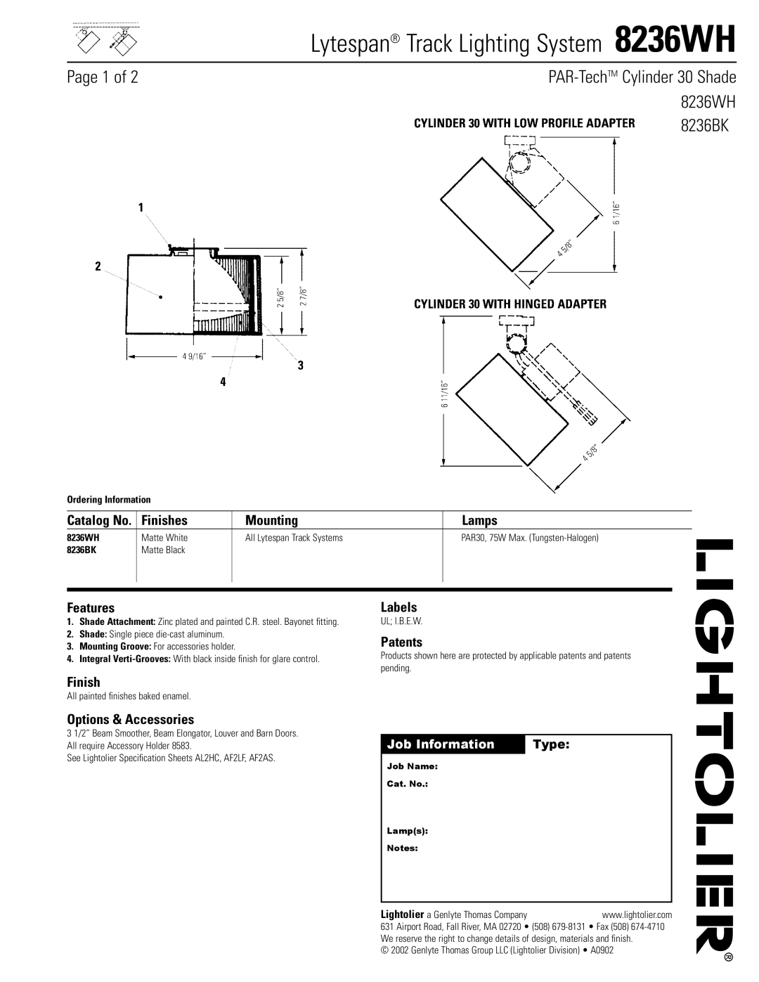 Lightolier 8236WH specifications Finishes Mounting Lamps, Features, Labels, Patents, Options & Accessories 