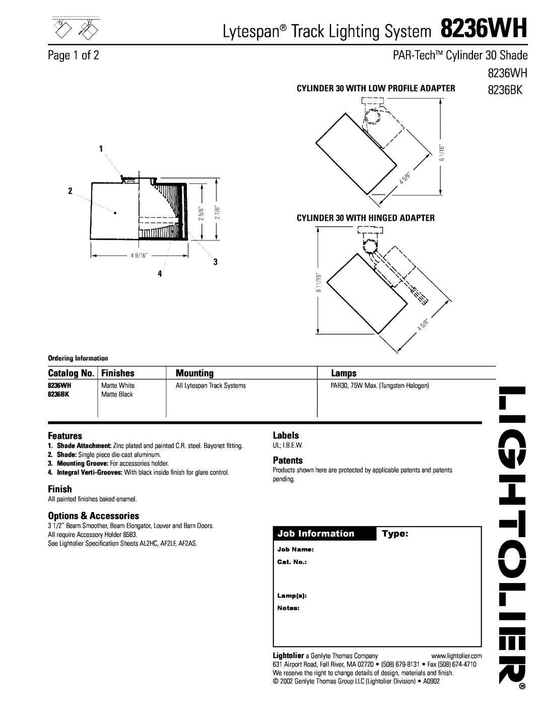 Lightolier 8236WH specifications Page 1 of, PAR-TechTM Cylinder 30 Shade, Finishes, Mounting, Lamps, Features, Labels 